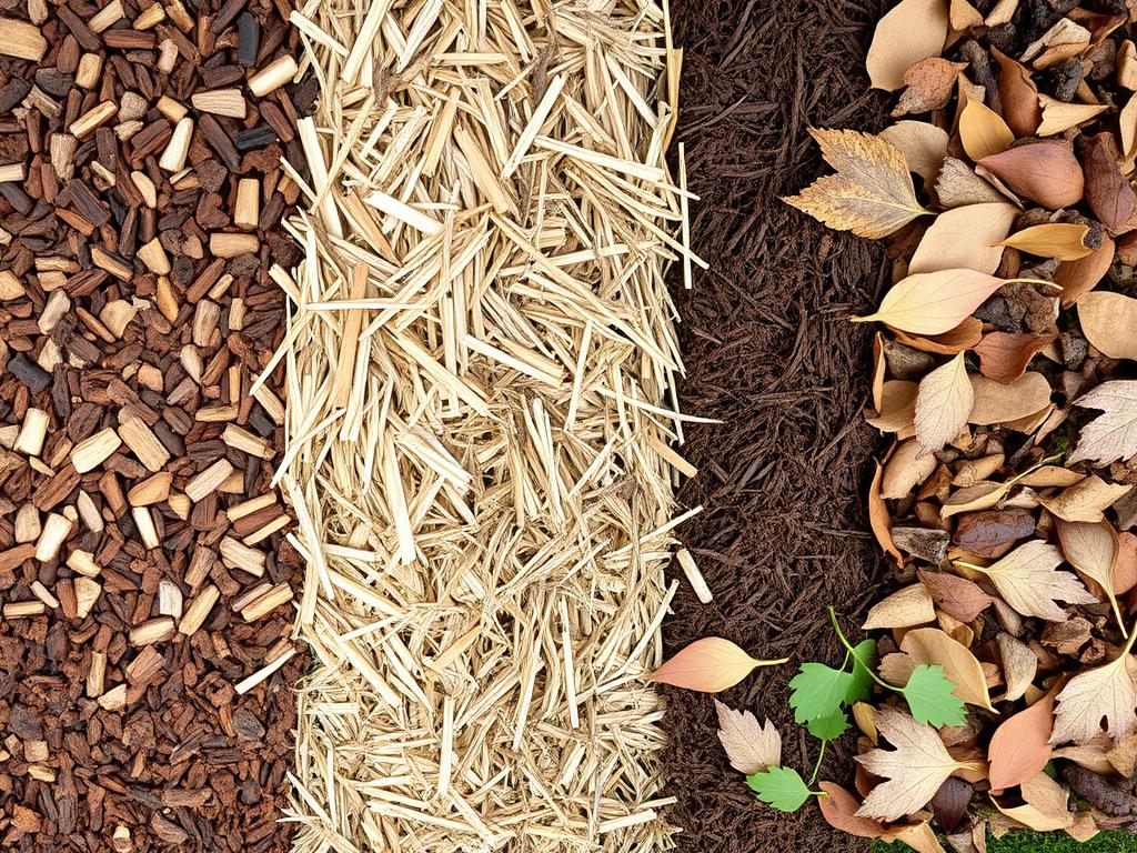 Various organic mulch materials displayed side by side showing different textures and colors Various organic mulch materials displayed side by side showing different textures and colors