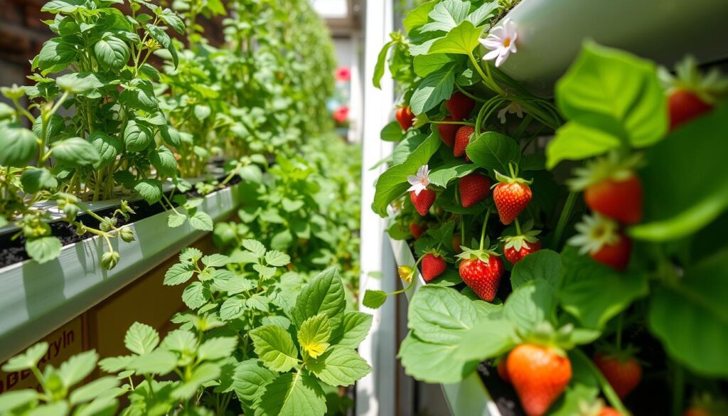 Various plants growing in a vertical gutter garden system Various plants growing in a vertical gutter garden system