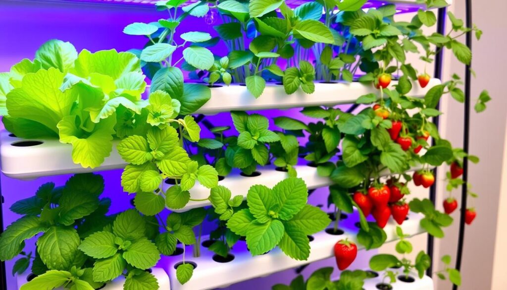 Various plants growing in an indoor vertical garden with LED lighting and hydroponics Various plants growing in an indoor vertical garden with LED lighting and hydroponics