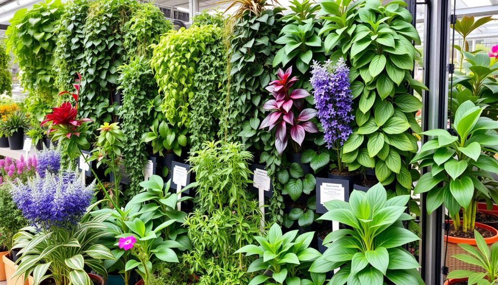 Various plants suitable for vertical gardening displayed in a garden center with labels Various plants suitable for vertical gardening displayed in a garden center with labels