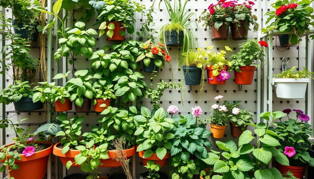 Various plants thriving in a vertical garden setup including herbs, vegetables and flowers Various plants thriving in a vertical garden setup including herbs, vegetables and flowers