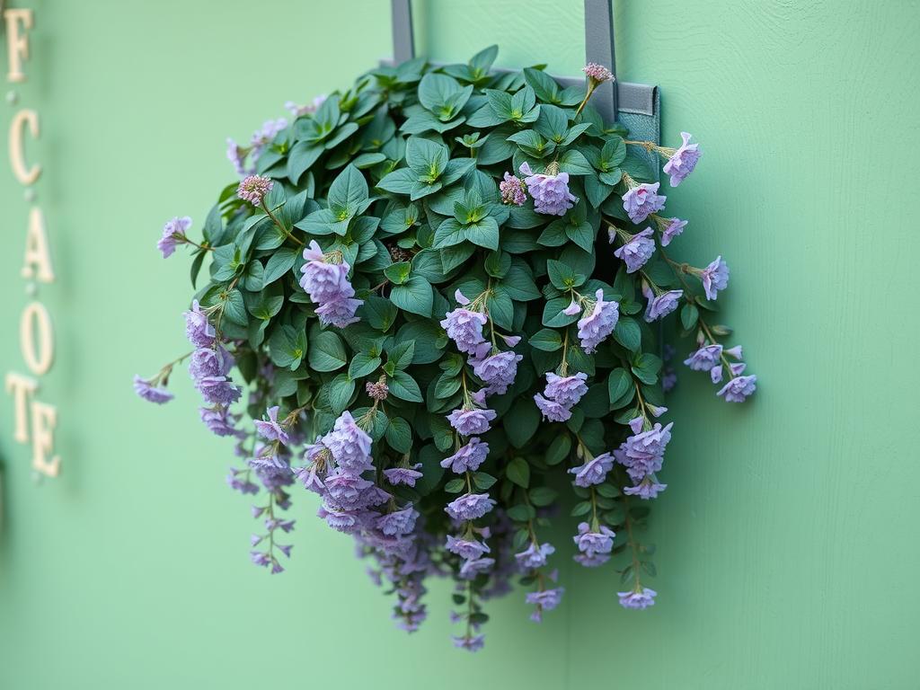 Verbena with clusters of small purple flowers in a vertical garden Verbena with clusters of small purple flowers in a vertical garden