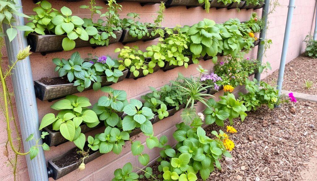 Vertical garden in a dry climate showing seasonal plantings with irrigation system Vertical garden in a dry climate showing seasonal plantings with irrigation system