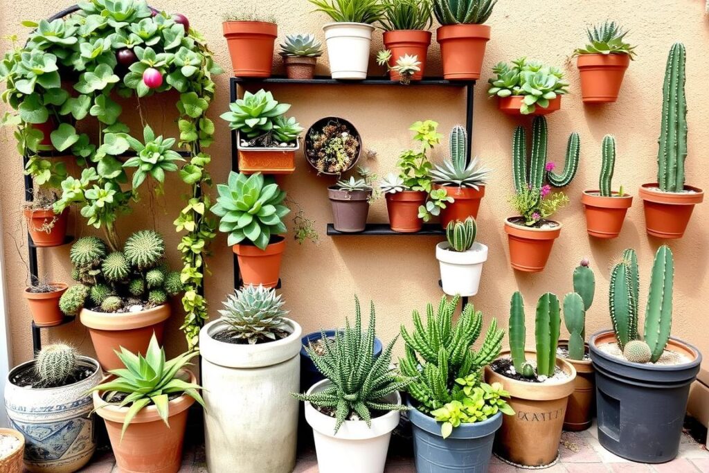 Vertical garden setup with various edible succulents and cacti growing in containers Vertical garden setup with various edible succulents and cacti growing in containers