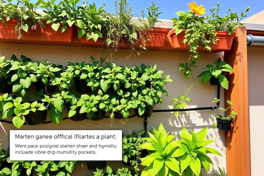 Vertical garden structure showing drought-resistant plants arranged to maximize water efficiency Vertical garden structure showing drought-resistant plants arranged to maximize water efficiency