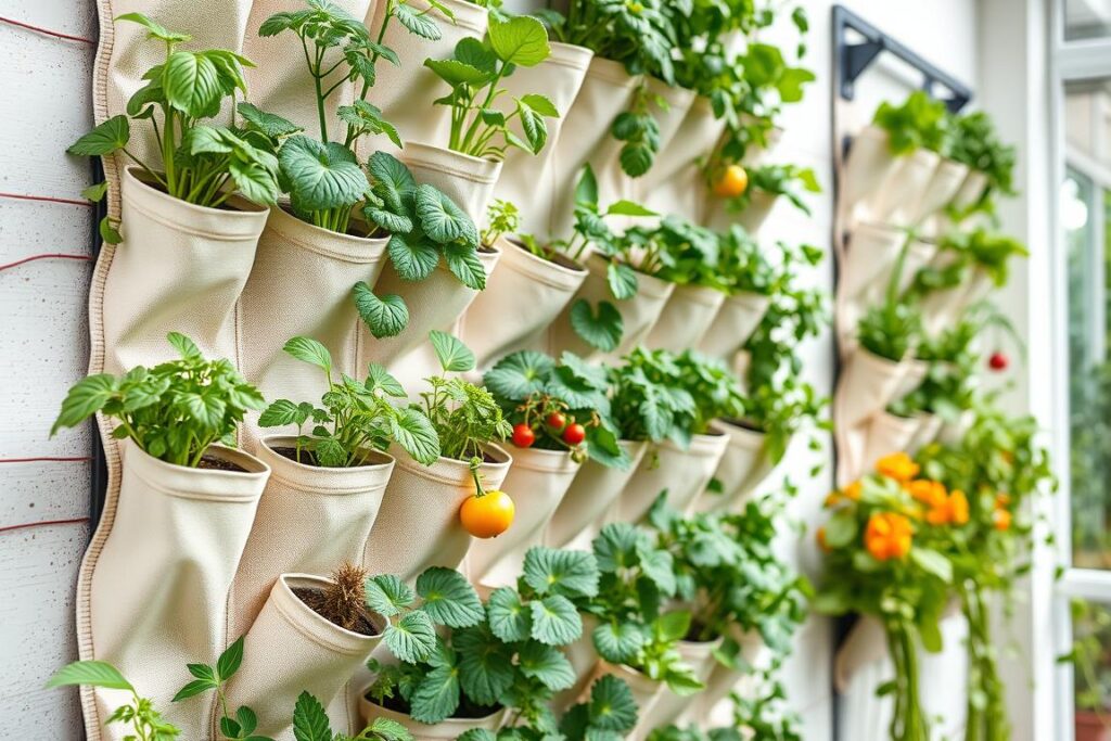 Vertical garden system with various vegetables and herbs growing from pockets on a wall Vertical garden system with various vegetables and herbs growing from pockets on a wall