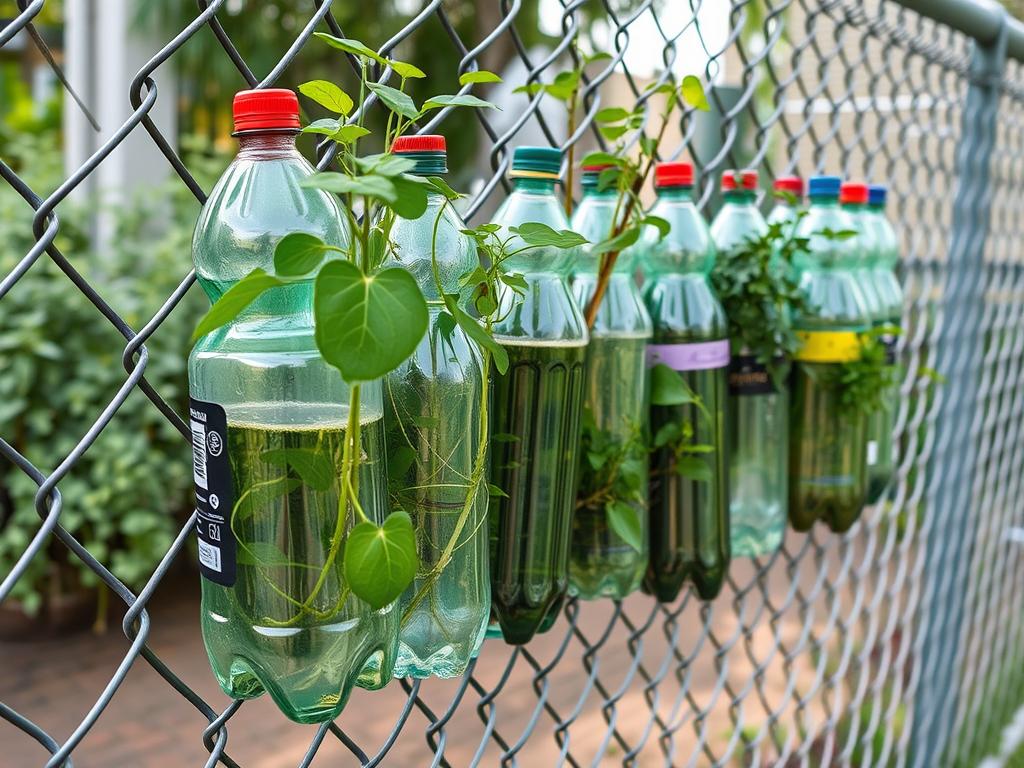 Vertical garden using recycled materials mounted on a fence Vertical garden using recycled materials mounted on a fence