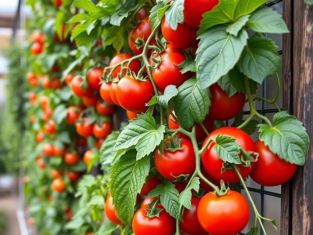 Vertical garden with abundant harvest of tomatoes and leafy greens Vertical garden with abundant harvest of tomatoes and leafy greens