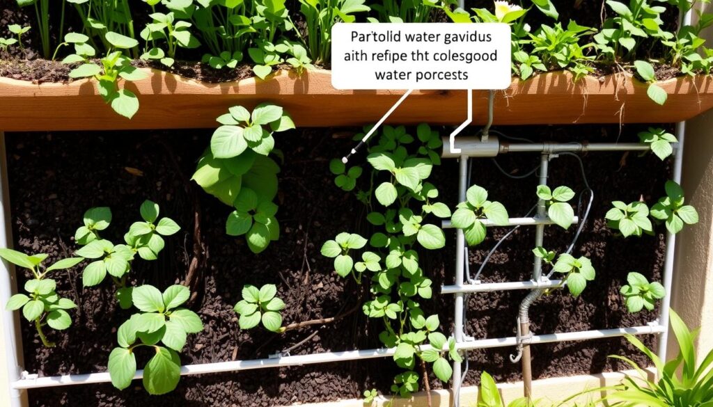 Vertical garden with proper mulching and drip irrigation system to prevent water stress Vertical garden with proper mulching and drip irrigation system to prevent water stress