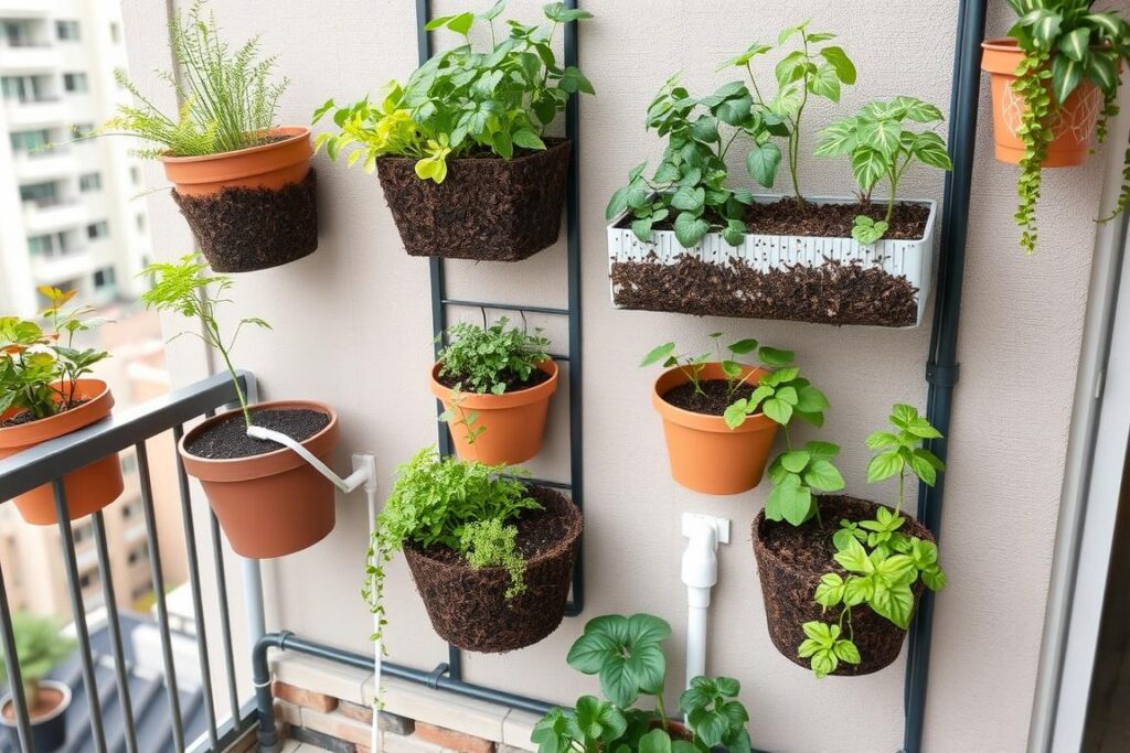 Vertical garden with properly mulched containers showing water conservation techniques Vertical garden with properly mulched containers showing water conservation techniques