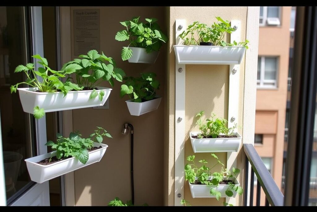 Vertical gutter garden on a small balcony space Vertical gutter garden on a small balcony space