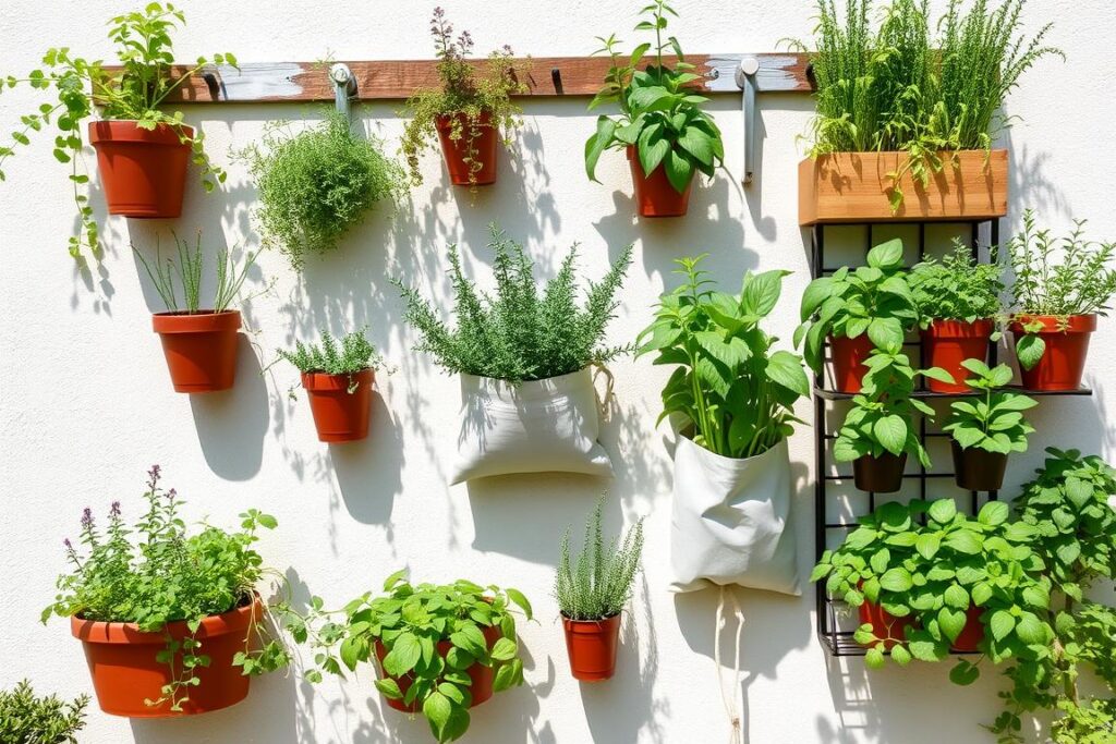 Vertical herb garden with various containers mounted on a sunny wall Vertical herb garden with various containers mounted on a sunny wall
