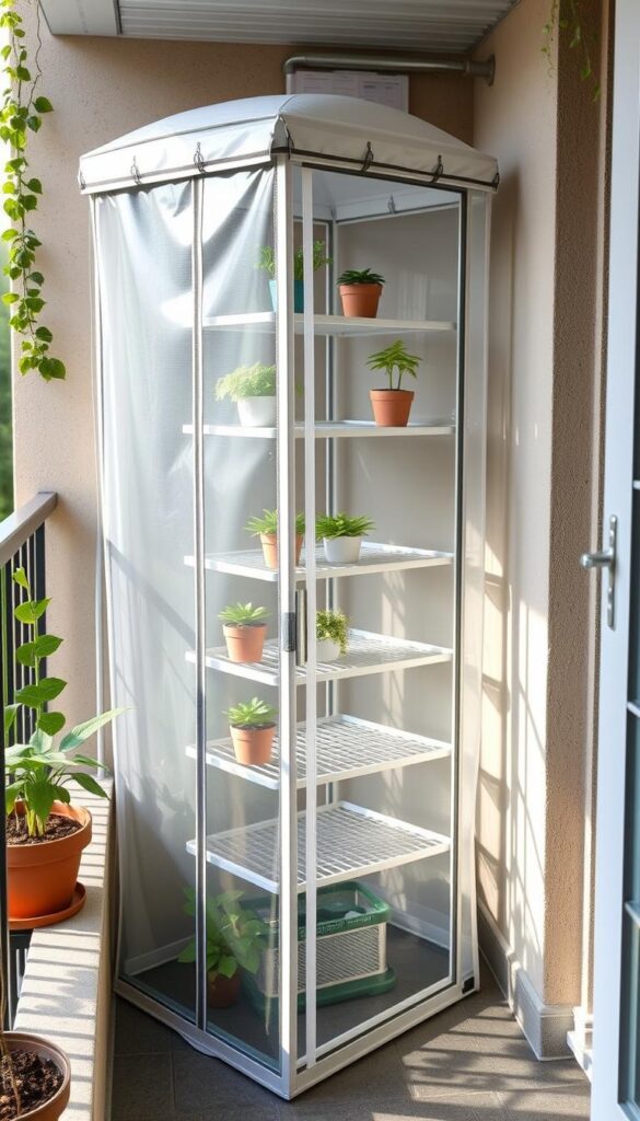 Vertical mini greenhouse structure showing shelving and door placement ideal for compact spaces Vertical mini greenhouse structure showing shelving and door placement ideal for compact spaces