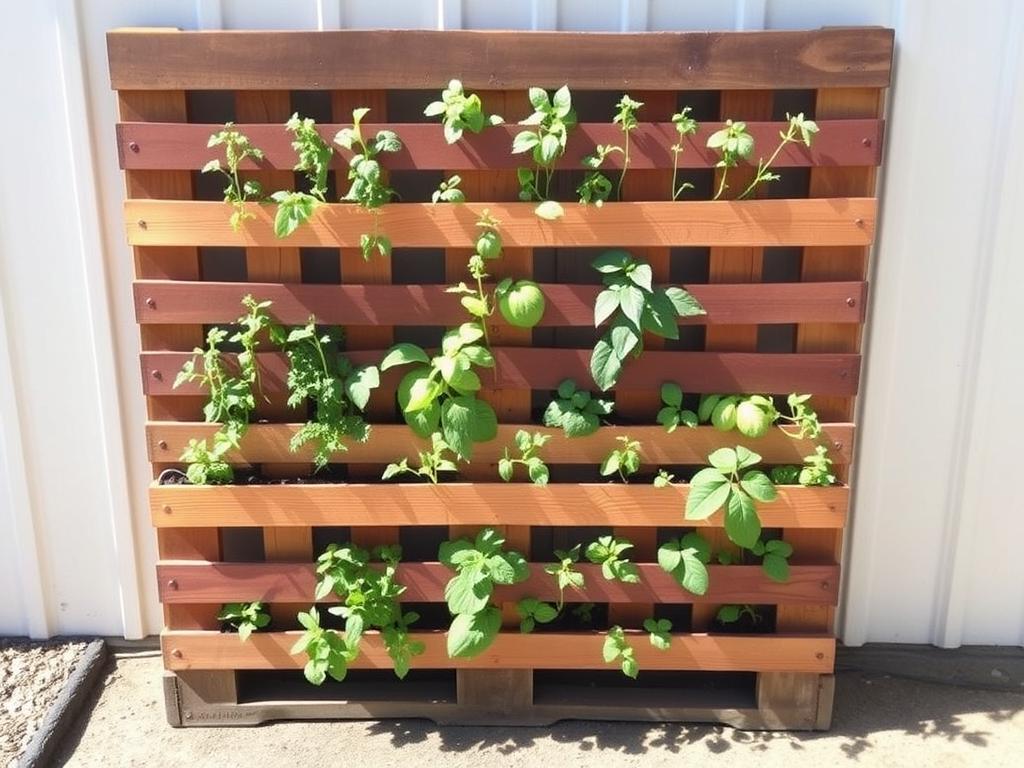 Vertical pallet garden with herbs and vegetables growing from the slats Vertical pallet garden with herbs and vegetables growing from the slats