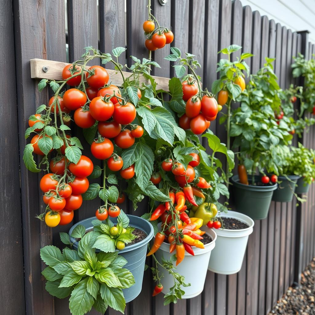 Vertical vegetable garden on a fence Vertical vegetable garden on a fence