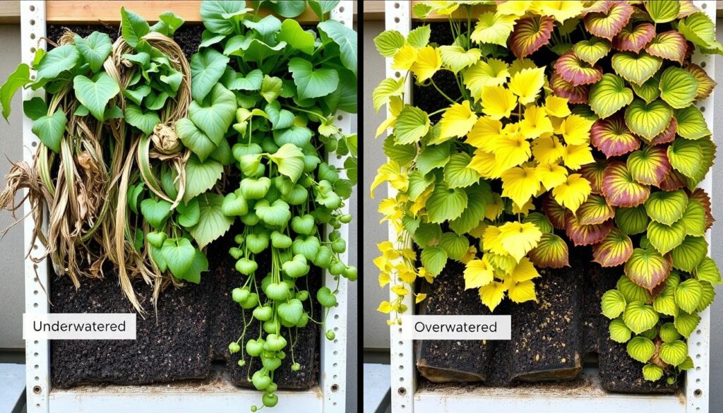 Visual comparison of underwatered vs. overwatered plants in vertical garden Visual comparison of underwatered vs. overwatered plants in vertical garden