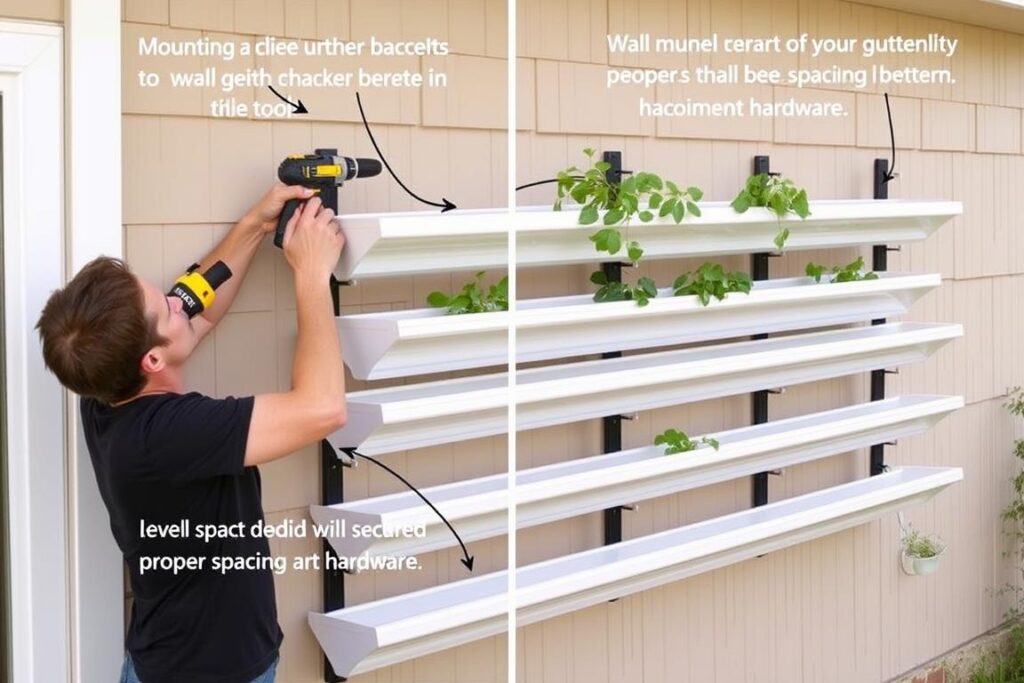 Wall-mounted vertical gutter garden installation Wall-mounted vertical gutter garden installation