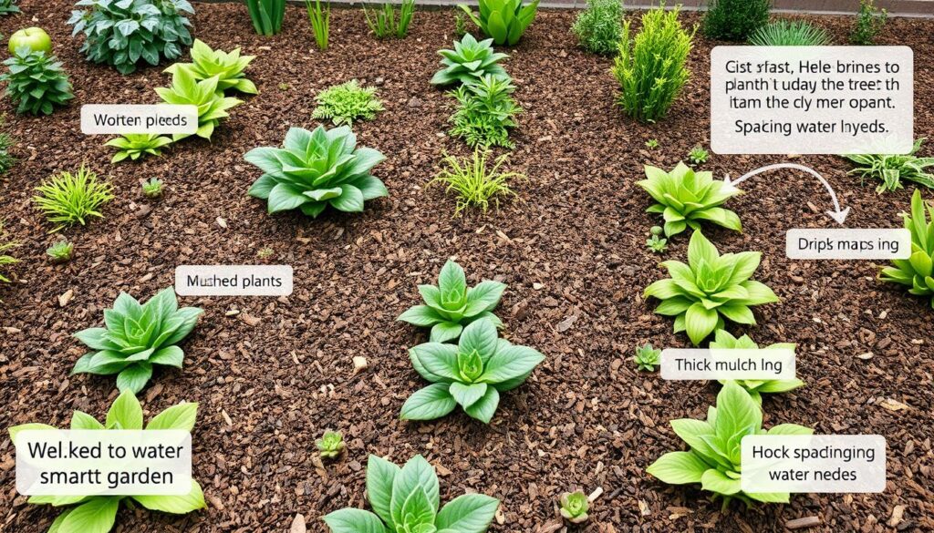 Water-smart garden layout showing mulched beds and grouped plants with similar water needs Water-smart garden layout showing mulched beds and grouped plants with similar water needs
