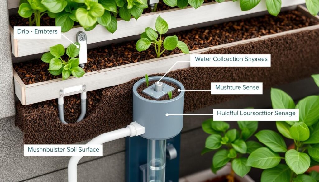 Water-smart vertical garden system with drip irrigation and water collection Water-smart vertical garden system with drip irrigation and water collection