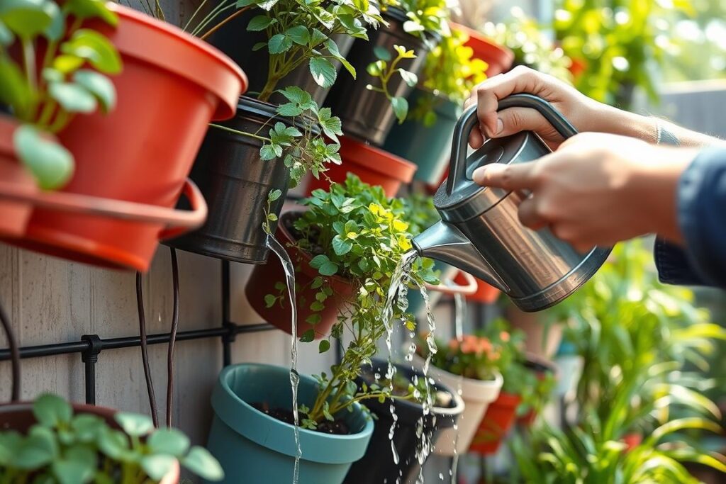 Watering a vertical garden made from recycled materials Watering a vertical garden made from recycled materials