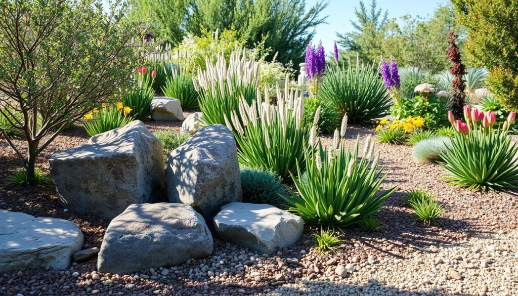 Well-designed drought-tolerant landscape with native plants grouped by water needs, demonstrating sustainable gardening principles in arid regions Well-designed drought-tolerant landscape with native plants grouped by water needs, demonstrating sustainable gardening principles in arid regions