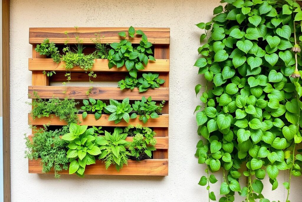 Wooden pallet vertical garden with plants Wooden pallet vertical garden with plants