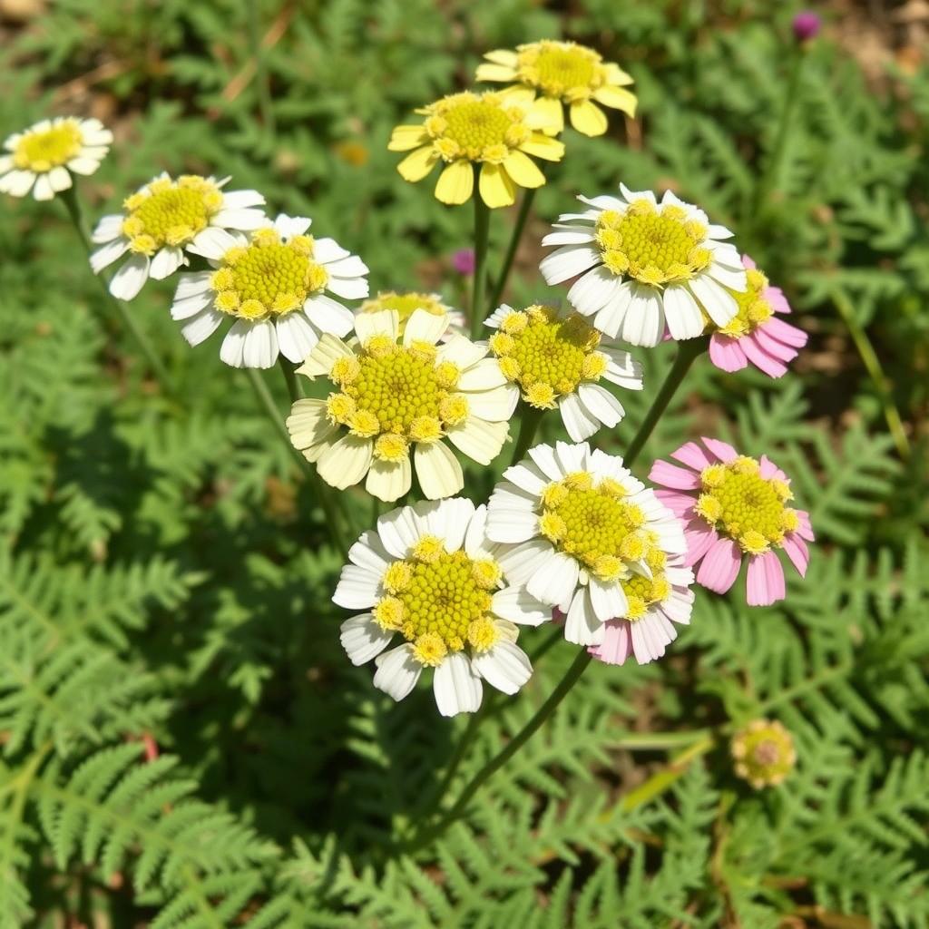 Yarrow plants with flat-topped flower clusters in various colors Yarrow plants with flat-topped flower clusters in various colors