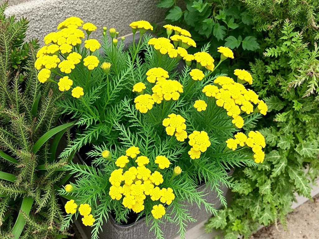 Yarrow with flat-topped yellow flower clusters in a vertical garden Yarrow with flat-topped yellow flower clusters in a vertical garden