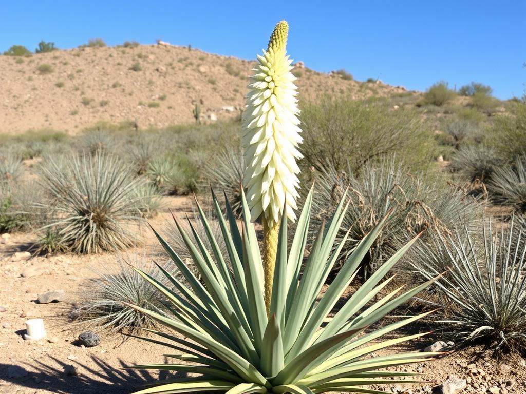 Yucca plant with tall flower spike in arid landscape, showing the architectural beauty of native drought-tolerant plants in sustainable desert gardens Yucca plant with tall flower spike in arid landscape, showing the architectural beauty of native drought-tolerant plants in sustainable desert gardens