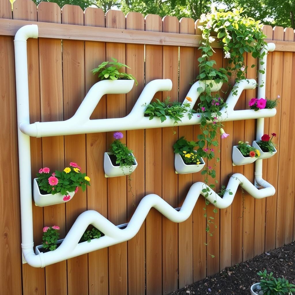 Zigzag pattern vertical gutter garden on fence Zigzag pattern vertical gutter garden on fence