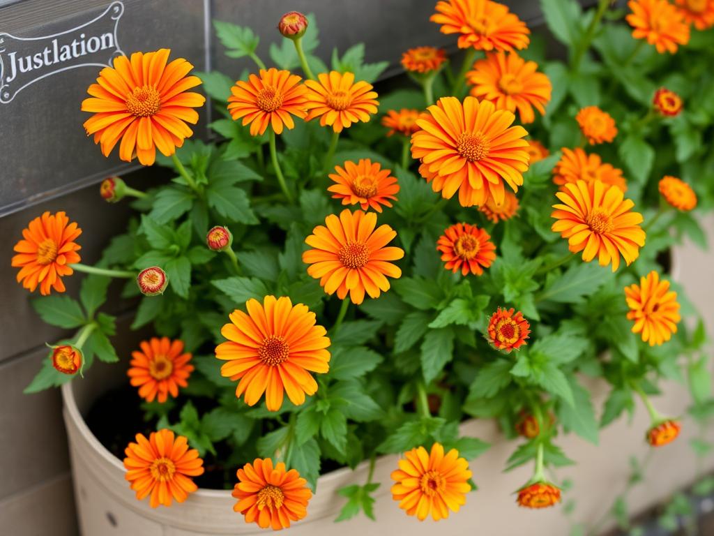 Zinnia with bright orange daisy-like flowers in a vertical garden pocket Zinnia with bright orange daisy-like flowers in a vertical garden pocket
