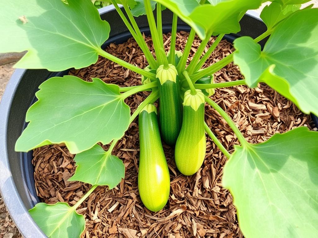 Zucchini growing in a large container with mulch Zucchini growing in a large container with mulch